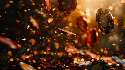 Bright falling poker chips on a poker table