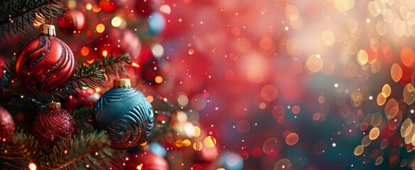 Close Up of Christmas Tree Ornaments With Red and Blue Decorations and Blurred Lights