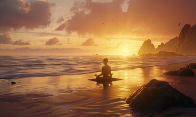 Fototapeta premium Person meditating on a peaceful beach at sunrise