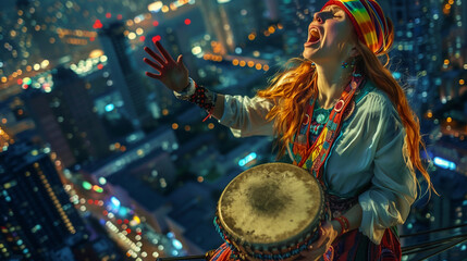 Shaman, woman in folk clothes, with long ginger hair, on a skyscraper beats a vibrant, colorful tambourine and screams, looking at city at night