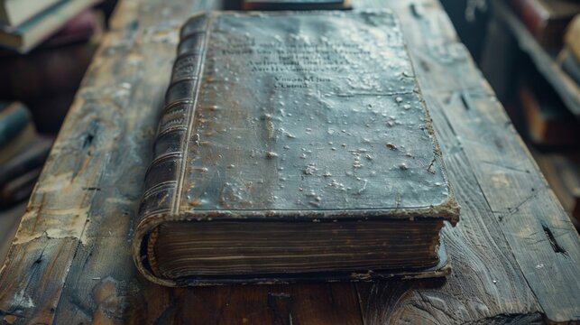 Antique Leather Bound Book on Wooden Table
