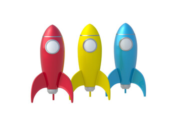 Row of colorful toy rockets isolated on white background. 3d render