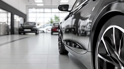 a sleek black car in a modern, well-lit showroom with other cars visible in the background