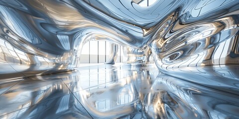 Reflective aluminum panels distort and warp the viewer's reflection in a captivating way