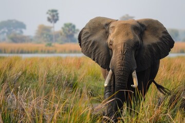 Fototapeta premium Botswana Okavango Delta: Elephant Wildlife Safari in Mokoro along the Delta