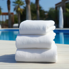 stack of clean white towels next to the pool of a hotel with towel and laundry service for customer service