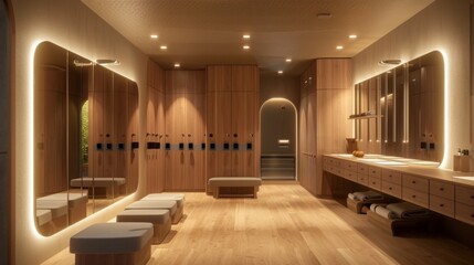 A heated Pilates studio featuring a sleek, modern changing area with lockers, benches,