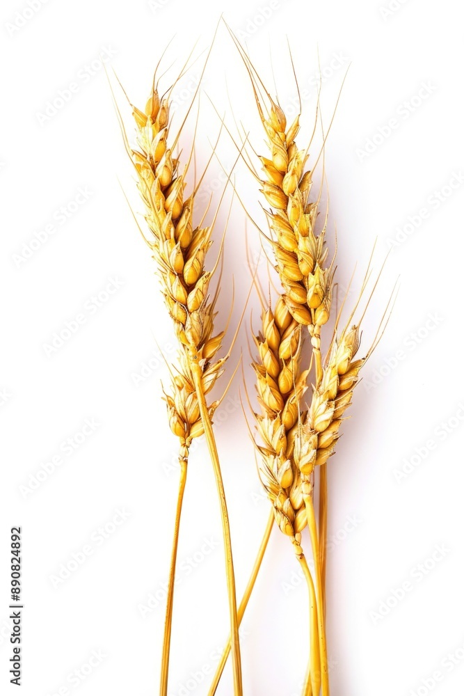 Wall mural two individual stalks of wheat on a white background, suitable for use in food-related or agricultur