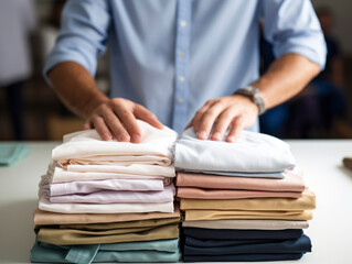 The hands of a laundry business owner meticulously folding freshly cleaned clothes placing it in a pile, washing and ironing service, the laundry industry