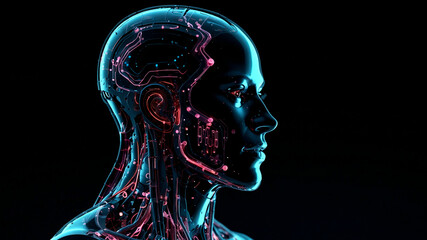 Obraz premium Right profile of a futuristic Robot, equipped with Artificial Intelligence
