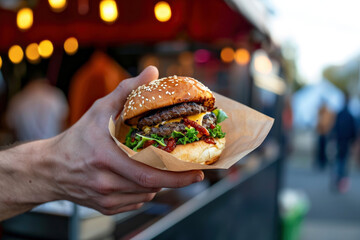 Person in fast food street market, holding in hand delicious burger in paper wrap, freshly made cheeseburger, outdoors, closeup. Summer