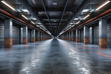 Obraz premium Parking Garage Interior. Empty Warehouse Hangar with Spacious Corridors and Industrial Architecture