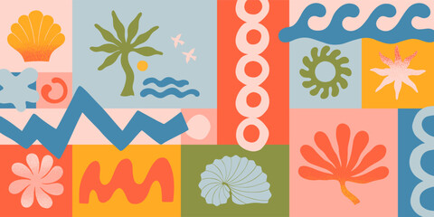 Vector summer illustration with nature organic shapes,doodles.Groovy boho palm,beach,surf,waves,sun,seashells graphic symbols and elements.Summer vacation background in simple funny style.