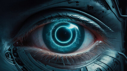 A  close-up of a cybernetic blue eye with intricate circuitry and glowing elements.