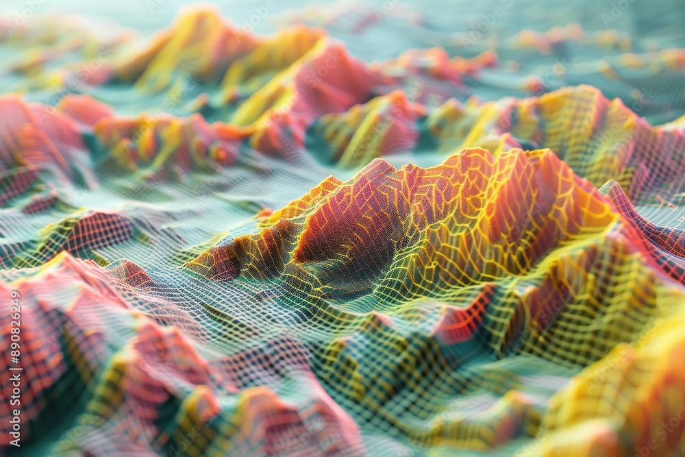 Poster network layer. three-dimensional holographic terrain survey in topographic mountain grid wireframe
