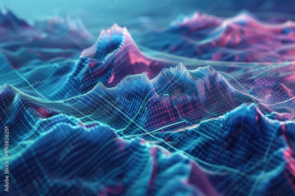 Poster network layer. three-dimensional holographic terrain survey with topographic mountain grid wireframe