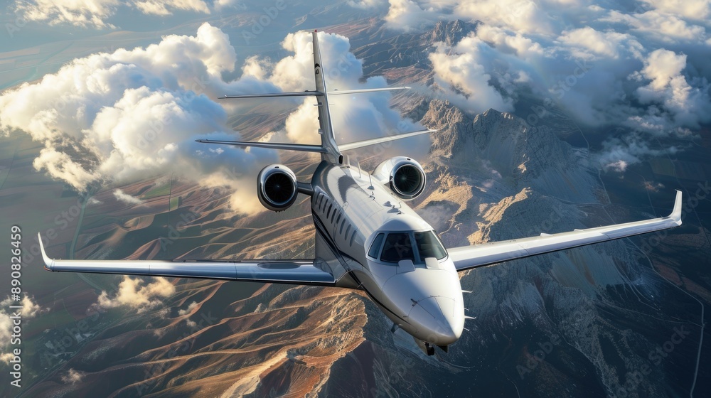 Aufkleber A white airplane soaring above the peaks of a mountain range, with snow-capped mountains and valleys in the background