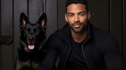 African american man affectionately cuddling with his black dog in a comfortable home setting