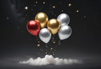 Fototapeta premium metallic balloons in gold, silver, and red, floating for celebration , birthdays and other mockup