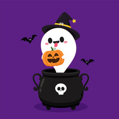 Cute ghost floating with Halloween pumpkin basket for Trick or Treat. Funny spooky boo character. Spook phantom with happy smiling face expression. Isolated kids flat vector illustration.