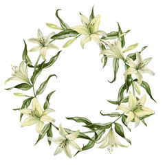 Naklejka premium Wreath of flowers white lily and leaves . Circle frame with watercolor hand drawn, template for prints, greeting cards, wedding invitation and decor.