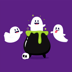 Cute ghost floating with Halloween pumpkin basket for Trick or Treat. Funny spooky boo character. Spook phantom with happy smiling face expression. Isolated kids flat vector illustration.
