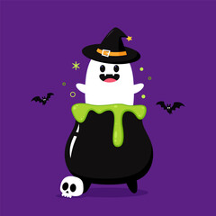 Cute ghost floating with Halloween pumpkin basket for Trick or Treat. Funny spooky boo character. Spook phantom with happy smiling face expression. Isolated kids flat vector illustration.