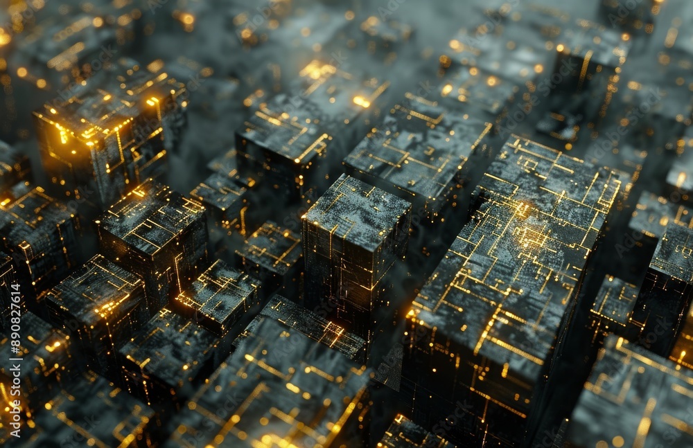 Poster abstract cityscape with illuminated cubes and glowing lines