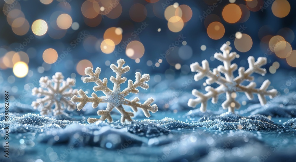 Poster closeup of sparkling snowflakes in winter with bokeh lights