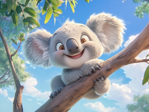 A wideeyed koala bear clinging to a eucalyptus tree, soft gray fur, oversized ears, and a gentle smile , 3D style