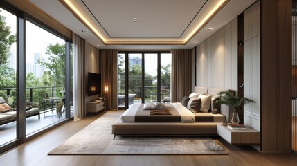 Fototapeta premium Modern Luxurious Bedroom with City View