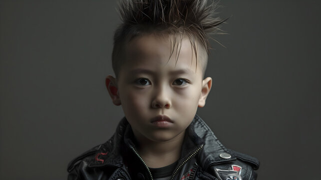 Ni&ntilde;o oriental vestido de rockero sobre fondo negro