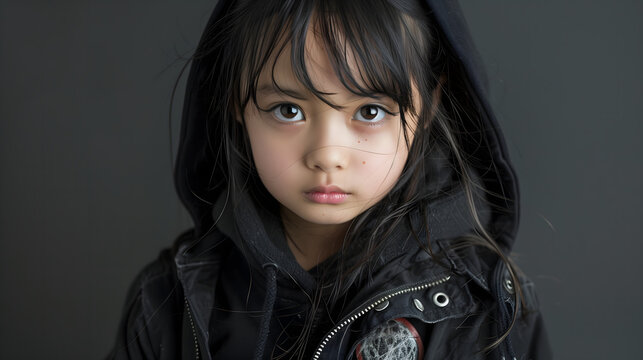 Ni&ntilde;a oriental vestida de rockera sobre un fondo negro 