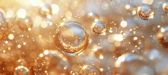 Fototapeta premium Golden Bubbles Floating In Liquid With Light Shimmering Through