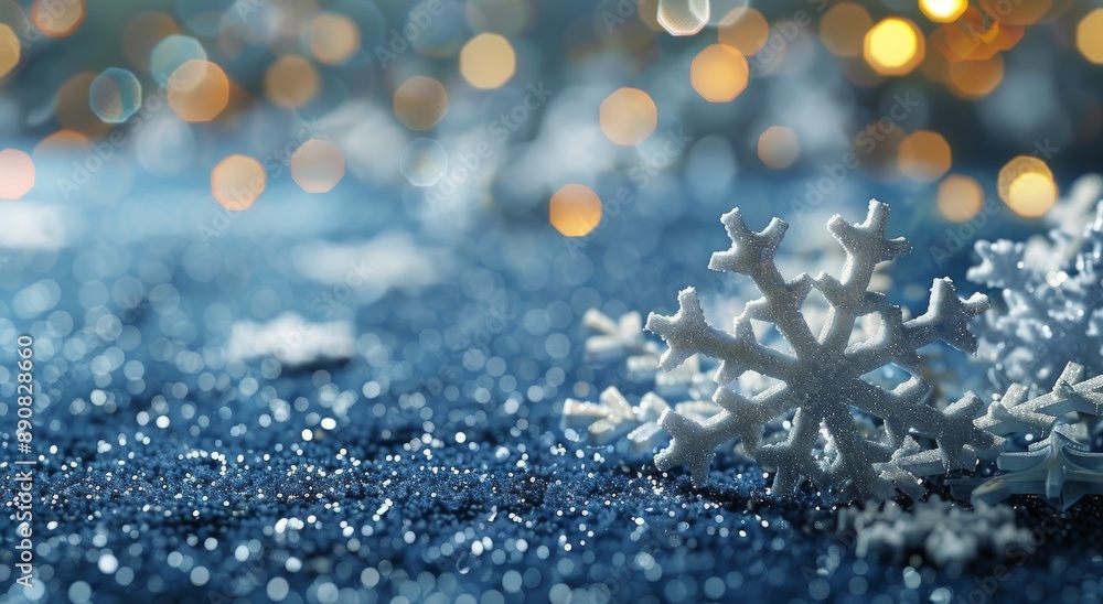 Poster closeup of sparkling snowflakes in winter with bokeh lights