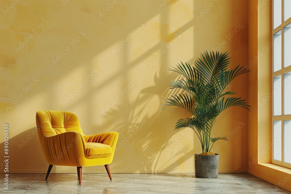 Poster A bright yellow chair sits in front of a window with a view, great for use as a decorative piece or to add some color to a room