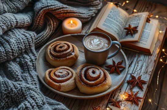 Cozy Winter Scene With Cinnamon Rolls, Candles, and Pine - Powered by Adobe