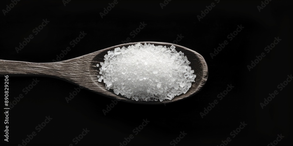 Poster a spoon with sugar sitting on a dark or black background, often used in photography and graphic desi
