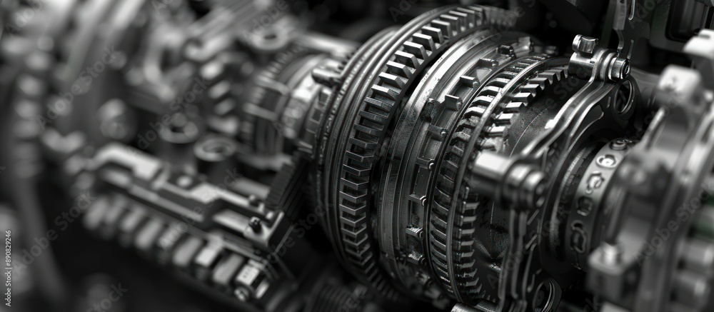 Poster interlocking metal gears and cogs of a complex machine