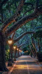Fototapeta premium Urban park tranforms into serene oasis at twilight, ancient trees illuminated by soft lamplight