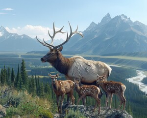 Naklejka premium Majestic elk with antlers and a group of deer standing on a beautiful mountainous landscape with flowing river and pine trees