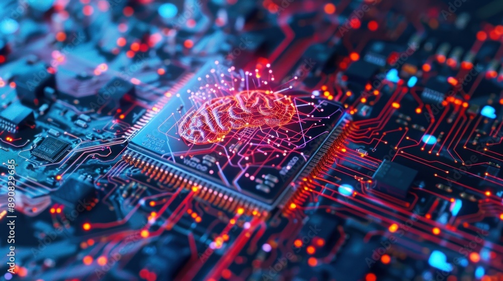 Poster Futuristic illustration of a glowing brain on a circuit board representing the integration of artificial intelligence and computing