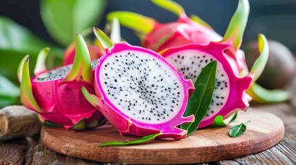 This image showcases fresh dragon fruits with vivid pink skin and speckled white centers, arranged artistically on a wooden board.