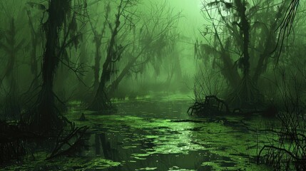 Fototapeta premium Dark Swamp. Atmospheric Digital Art of Scenic Green Marsh Landscape