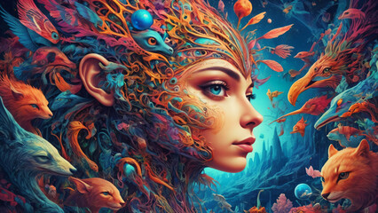Surreal Abstract and Otherworldly Imagery of a woman's face and animal faces, Psychedelic and Retro-futurism, Background, AI generative.