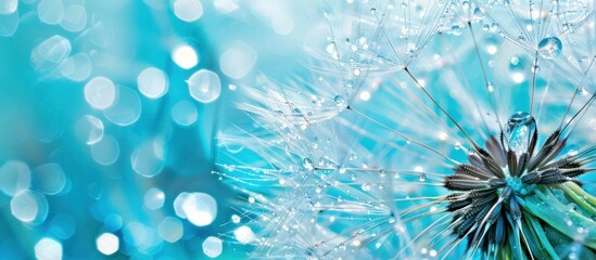 Dandelion seeds with dew on turquoise blue background close up macro photography