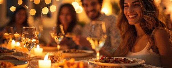 Smiling woman with friends at a candlelit dinner.