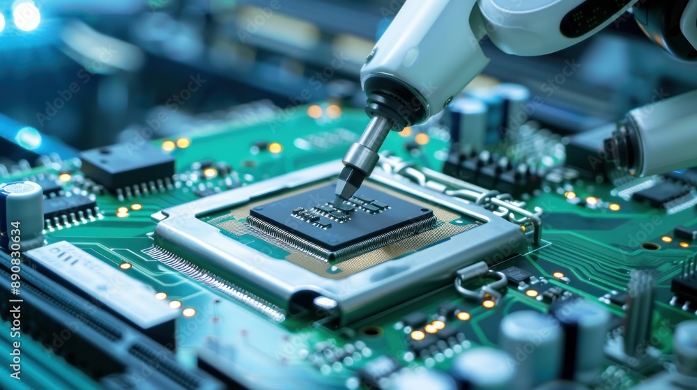 Poster Robotic arm installing cpu chip on circuit board in factory closeup