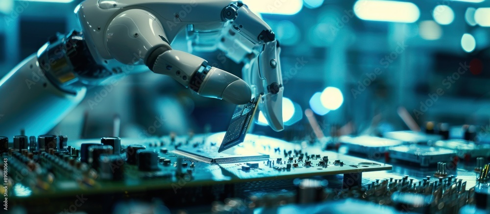 Poster Robotic Hand Installing Microchip on Circuit Board in Futuristic Factory