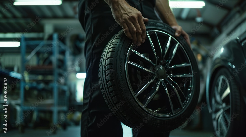 Poster automobile technician holds up a new tire for installation